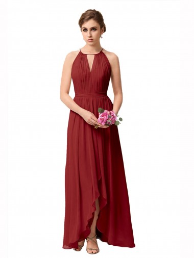 Sleeveless High Neck Soft Chiffon Burgundy High Low Bridesmaid Dress Cardiff