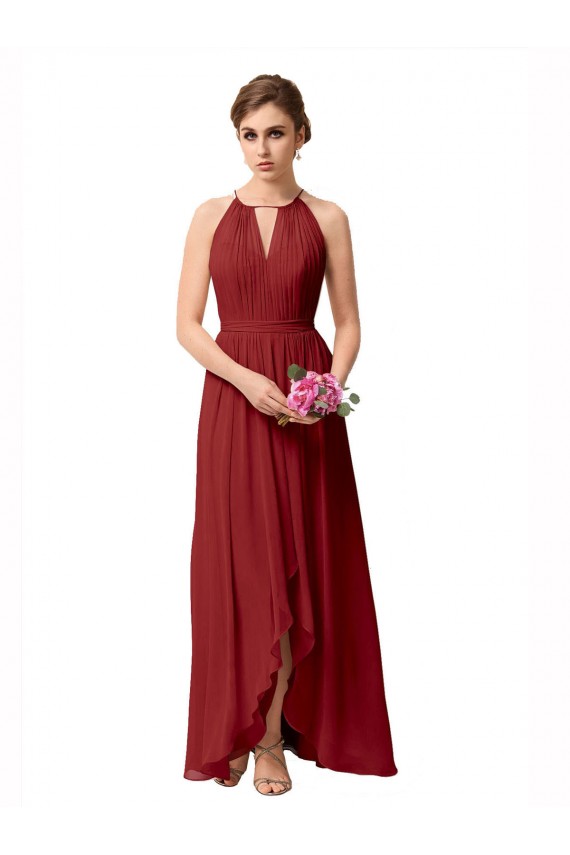 Sleeveless High Neck Soft Chiffon Burgundy High Low Bridesmaid Dress Cardiff