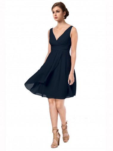 Sleeveless V-Neck Soft Chiffon Dark Navy Knee Length Bridesmaid Dress Cardiff