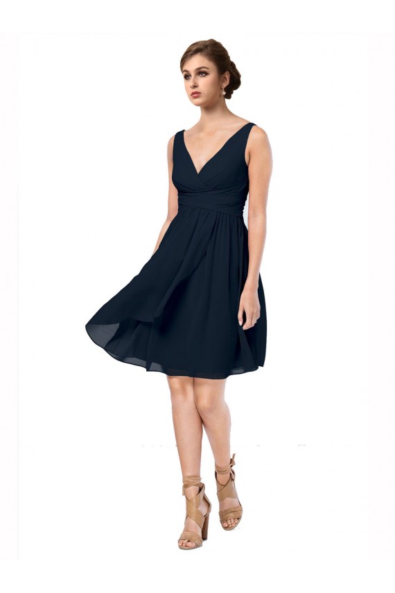 Sleeveless V-Neck Soft Chiffon Dark Navy Knee Length Bridesmaid Dress Cardiff
