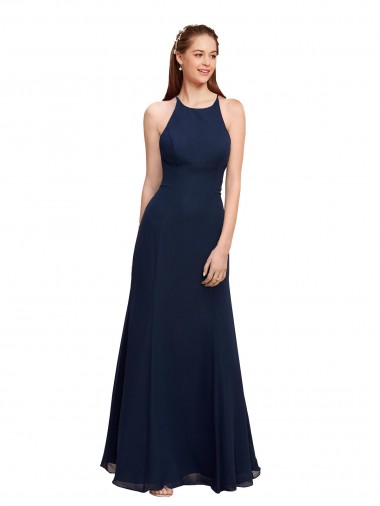Sleeveless High Neck Soft Chiffon Dark Navy Long Prom Dress / Bridesmaid Dress Cardiff