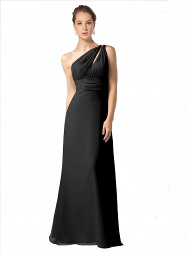 Sleeveless One Shoulder Soft Chiffon Black A-Line Long Bridesmaid Dress Cardiff