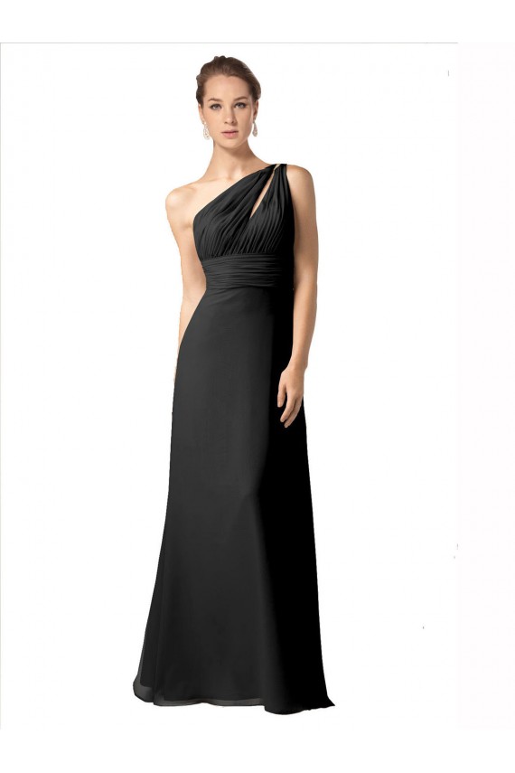 Sleeveless One Shoulder Soft Chiffon Black A-Line Long Bridesmaid Dress Cardiff