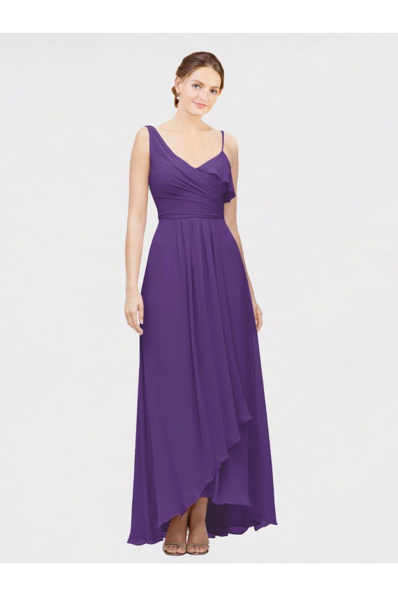 Sleeveless V-Neck Soft Chiffon Plum Purple Long High Low Bridesmaid Dress Cardiff