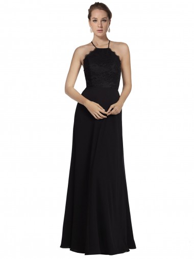Sleeveless Halter Neck Soft Chiffon & Lace Black Long Bridesmaid Gown Cardiff