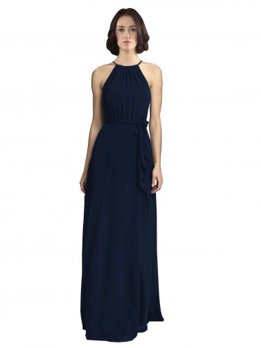 Sleeveless High Neck Chiffon Dark Navy Long Evening Gowns / Bridesmaid Dresses Cardiff