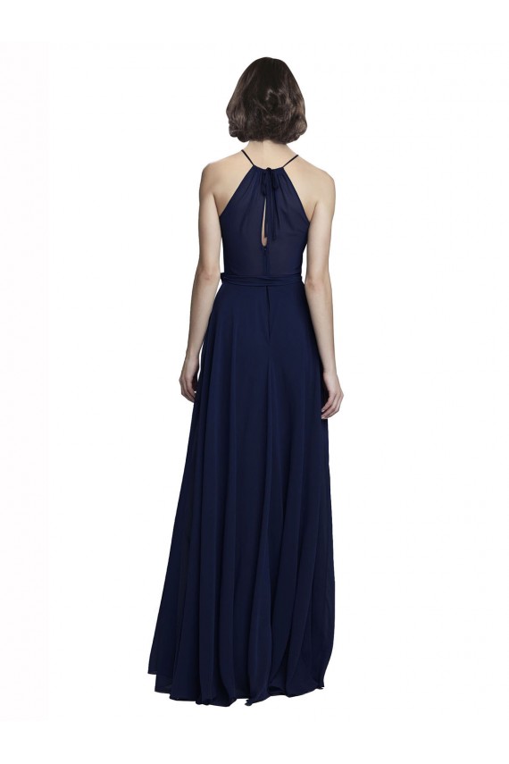 Sleeveless High Neck Chiffon Dark Navy Long Evening Gowns / Bridesmaid Dresses Cardiff