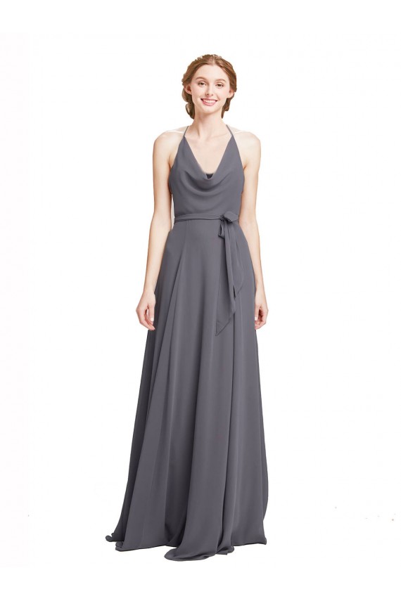 Sleeveless Halter Neck Soft Chiffon Slate Grey Long Bridesmaid Dress Cardiff