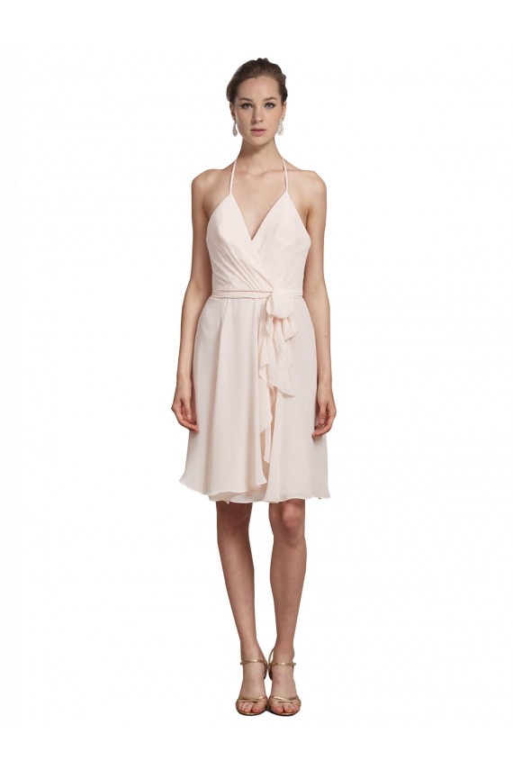 Sleeveless V-Neck Soft Chiffon Cream Pink Knee Length Bridesmaid Dress Cardiff