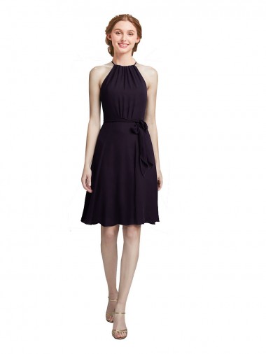 Sleeveless High Neck Soft Chiffon Grape Knee Length Bridesmaid Dress Cardiff