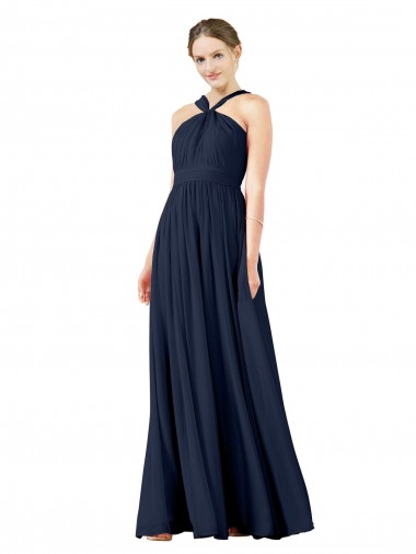Sleeveless V-Neck Chiffon Dark Navy Princess Long Bridesmaid Gowns Cardiff
