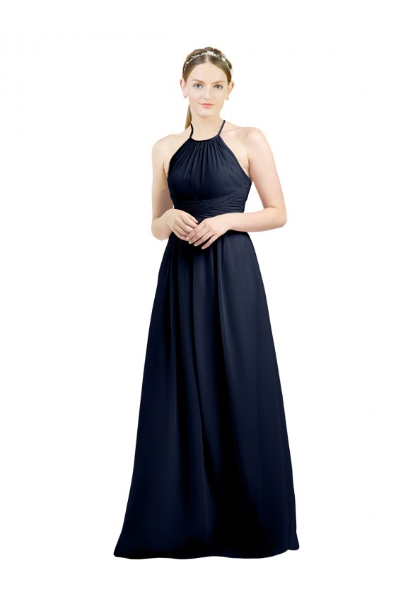 Sleeveless High Neck Soft Chiffon Dark Navy Long Evening Gowns / Bridesmaid Dress Cardiff
