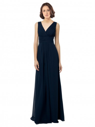 Sleeveless V-Neck Chiffon Dark Navy Long Bridal Party Dress Cardiff