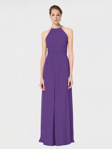 Sleeveless Halter Neck Soft Chiffon Plum Purple Long Bridesmaid Dress Cardiff