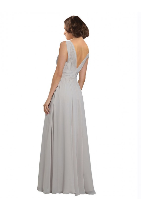 Sleeveless V-Neck Soft Chiffon Oyster Silver Long Bridesmaid Dress Cardiff