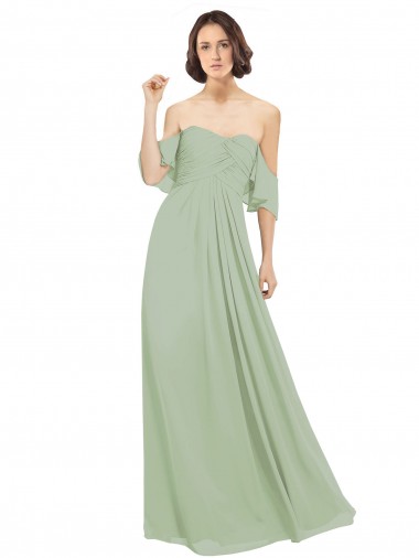 Cold Shoulder Off the Shoulder Soft Chiffon Smoke Green Long Bridesmaid Dress Cardiff