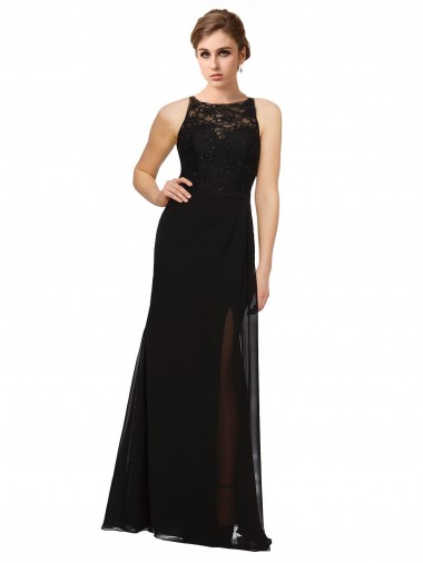 Sleeveless High Neck Soft Chiffon & Lace Black Long Bridesmaid Dress Cardiff