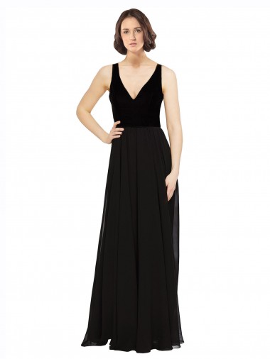 Sleeveless V-Neck Soft Chiffon & Velvet Black Long Prom Dress / Bridesmaid Dress Cardiff