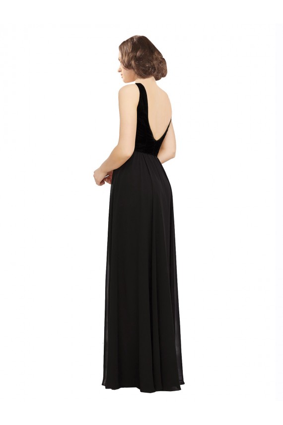 Sleeveless V-Neck Soft Chiffon & Velvet Black Long Prom Dress / Bridesmaid Dress Cardiff