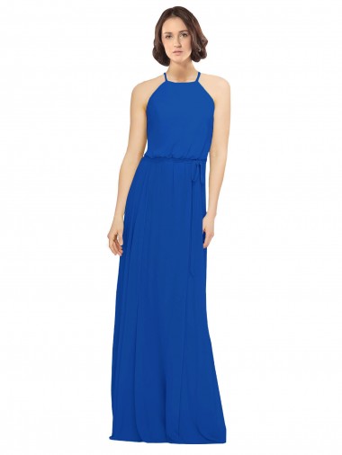 Sleeveless Jewel Neck Soft Chiffon Royal Blue Long Bridal Party Dress Cardiff