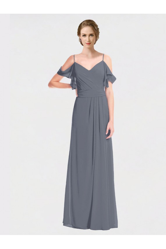 Flutter Sleeves V-Neck Soft Chiffon Slate Grey Long Bridesmaid Dress Cardiff