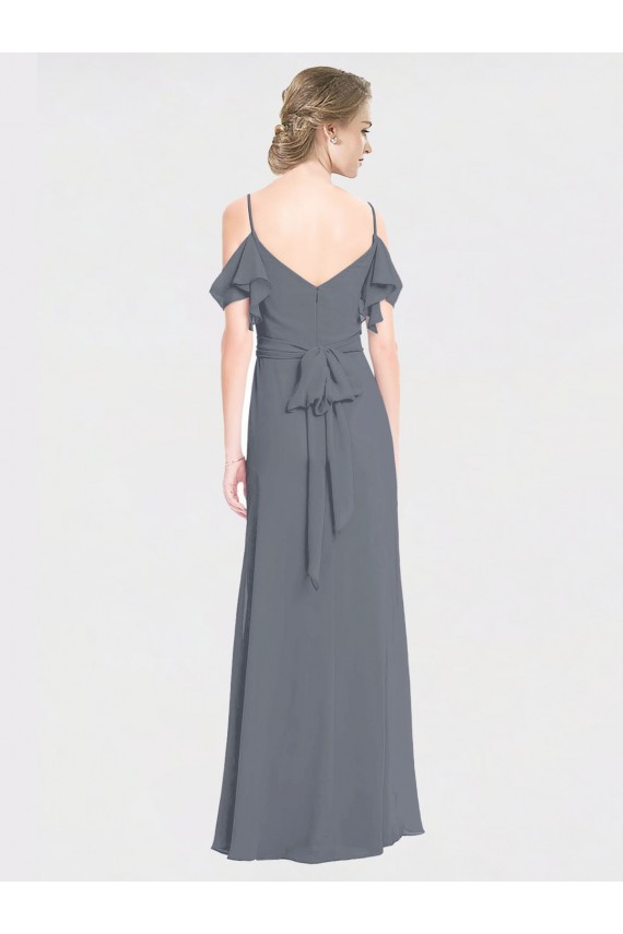 Flutter Sleeves V-Neck Soft Chiffon Slate Grey Long Bridesmaid Dress Cardiff