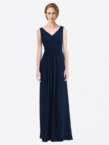 Sleeveless V-Neck Soft Chiffon Dark Navy Long Evening Gowns / Bridesmaid Dress Cardiff