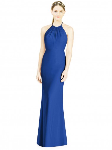 Sleeveless High Neck Soft Chiffon Royal Blue Long Bridesmaid Dress Cardiff