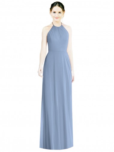 Sleeveless Halter Neck Chiffon Dusty Blue Long Floor Length Bridesmaid Dress Cardiff