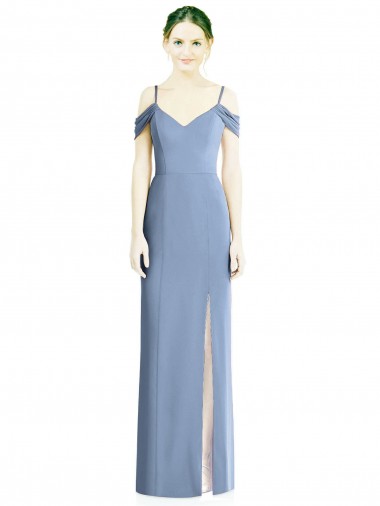 Cold Shoulder Jewel Soft Chiffon Dusty Blue Long Formal Evening Gown / Bridesmaid Dress Cardiff