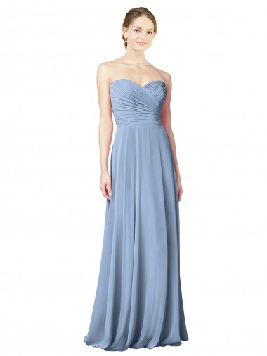 Sleeveless Strapless Chiffon Dusty Blue Long Wedding Party Dress Cardiff