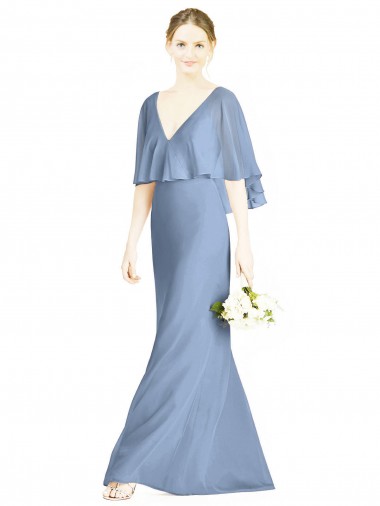 Sleeveless V-Neck Soft Chiffon Dusty Blue Trumpet Long Bridesmaid Dress Cardiff
