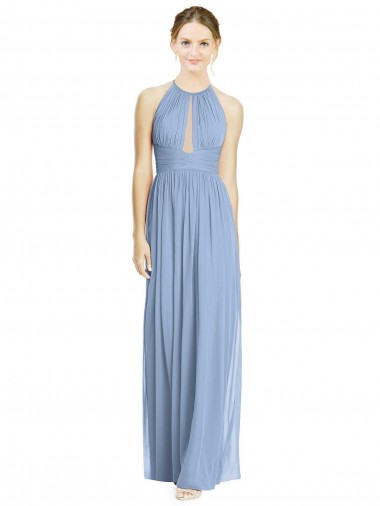 Sleeveless Halter Neck Chiffon Dusty Blue Long Wedding Party Dress Cardiff