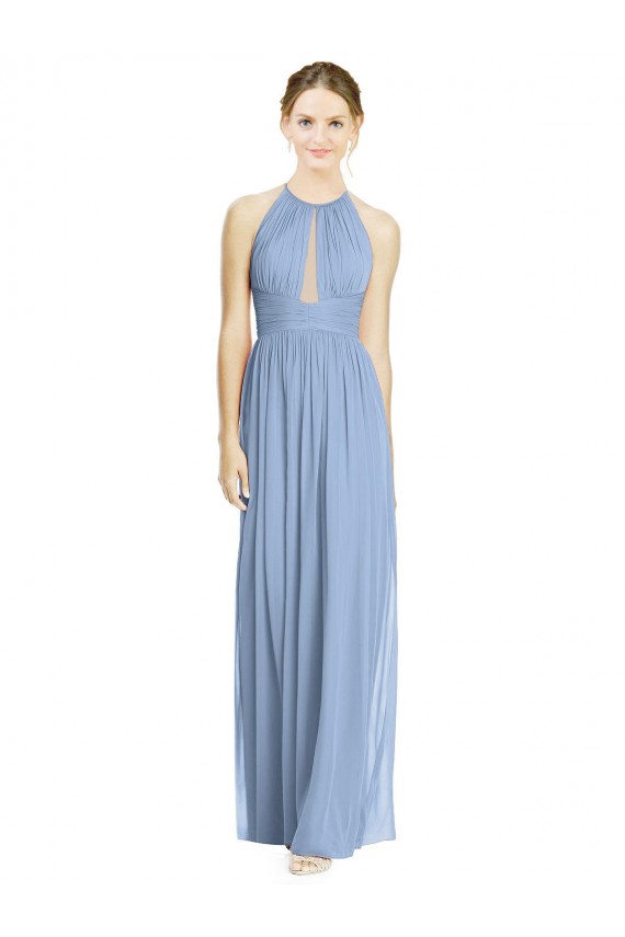 Sleeveless Halter Neck Chiffon Dusty Blue Long Wedding Party Dress Cardiff