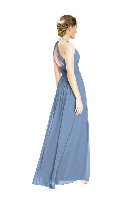 Sleeveless Halter Neck Chiffon Dusty Blue Long Wedding Party Dress Cardiff