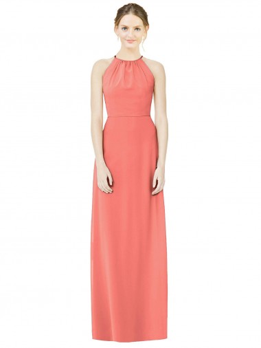 Sleeveless Halter Neck Soft Chiffon Coral Long Bridesmaid Dress Cardiff