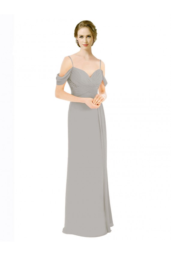 Cold Shoulder Sweetheart Soft Chiffon & Lace Silver Long Bridesmaid Dress Cardiff