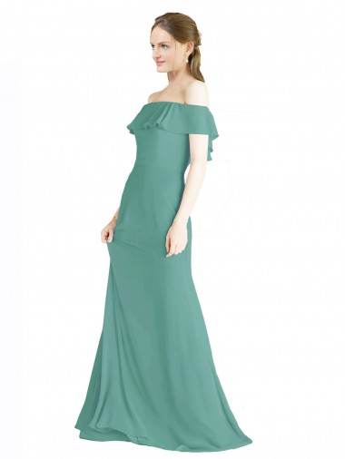 Sleeveless Off the Shoulder Soft Chiffon Icelandic Silver Long Bridal Party Dress Cardiff
