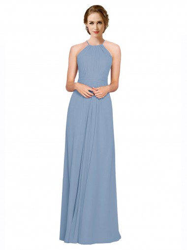 Sleeveless High Neck Chiffon Dusty Blue Long Bridesmaid Dress / Evening Dress Cardiff