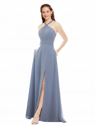 Sleeveless High Neck Soft Chiffon Dusty Blue Long Evening Dress / Bridal Party Dress Cardiff