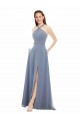 Sleeveless High Neck Soft Chiffon Dusty Blue Long Evening Dress / Bridal Party Dress Cardiff