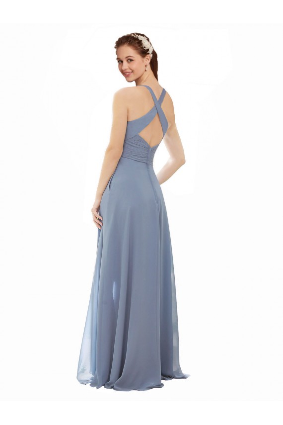 Sleeveless High Neck Soft Chiffon Dusty Blue Long Evening Dress / Bridal Party Dress Cardiff