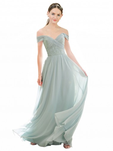 Cap Sleeves Off the Shoulder Soft Chiffon & Lace Sea Glass Long Bridesmaid Dress Cardiff