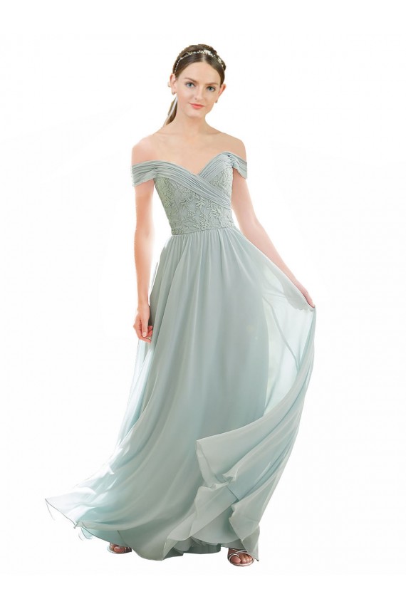 Cap Sleeves Off the Shoulder Soft Chiffon & Lace Sea Glass Long Bridesmaid Dress Cardiff