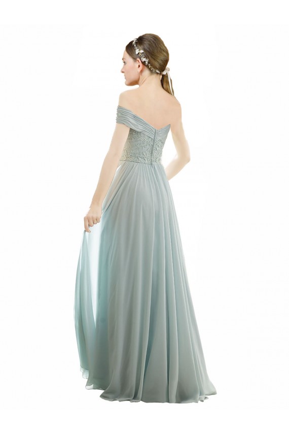 Cap Sleeves Off the Shoulder Soft Chiffon & Lace Sea Glass Long Bridesmaid Dress Cardiff