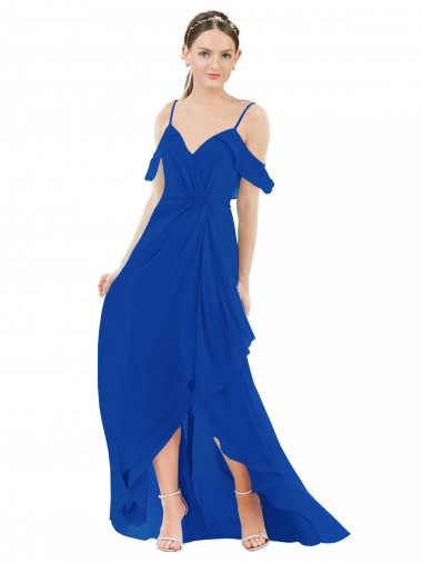 Cold Shoulder V-Neck Soft Chiffon Royal Blue Long High Low Bridesmaid Dress Cardiff