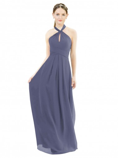 Sleeveless Halter Neck Soft Chiffon Silver Stone Long Bridesmaid Dress Cardiff