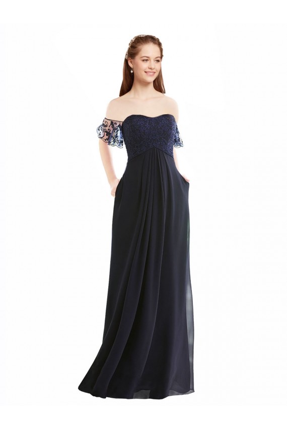 Cap Sleeves V-Neck Soft Chiffon & Lace Dark Navy Long Formal Dress / Bridesmaid Dress Cardiff