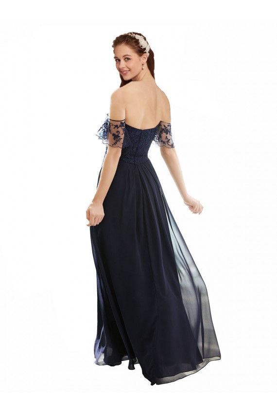 Cap Sleeves V-Neck Soft Chiffon & Lace Dark Navy Long Formal Dress / Bridesmaid Dress Cardiff