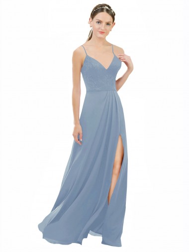 Sleeveless V-Neck Soft Chiffon & Lace Dusty Blue Long Bridesmaid Dress Cardiff